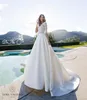 2019 Elegant Satin A Line Wedding Dresses Lace Appliqued Beaded Sash Bridal Gowns Half Long Sleeve Wedding Dress With Pockets