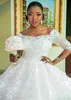2018 African Plus Size Wedding Dresses 3D Floral Applique Beaded Off Shoulder Ball Gown Wedding Dress 3/4 Long Sleeve Country Bridal Gown
