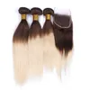 Bundles de tissage de cheveux humains malaisiens brun moyen et blond à deux tons avec fermeture avant en dentelle 4x4 droite 4 613 extensions de cheveux ombrés