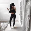 Mujeres Slim Fit Sexy Body Curve Chándal Scoop Neck Short Crop Pullover Con Leggings Pantalones 2pcs / set Sport Suit