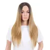 Top Quality 4 Color type Long Silky Straight Black Roots Ombre wig blonde brown gray green Synthetic Wigs Heat Resistant Fiber