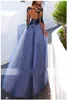 2022 Blue Aline Empire Waist Prom Dress With Illusion Long Sleeve 3D Floral Applique Bateau Open Back Formal Gowns Evening Dress 5289974