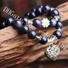 10Pcs 10mm Sparkly Blue Sandstone Bead Tibetan Silver Love Heart Charm Pendant Elastic Stretch Bracelet Valentine's Day Gift for Male Female