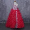 ファッションスライバのスパンコールの女の子のページェントのドレス安いワンショルダーオーガンザのフリルクリスタルロングプロムのイブニングドレス子供のための子供たち2021