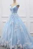 Actual Image Elegant Baby Blue With Ivory Lace Applique Dresses Evening Party Wear Off shoulder Sleeves Organza Formal Prom Gowns Long