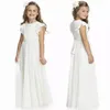 Söt elfenbensbesättning Neck Chiffon Long Flower Girls Dresses Golvlängd dragkedja tillbaka veck För första nattvardsbarn formell slitage födelsedag go339x