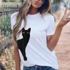 플러스 사이즈 3XL 4XL 5XL 여성 여름 러블리 고양이 프린트 티셔츠 넥 탑스 티셔츠 여성 캐주얼 반소매 티셔츠