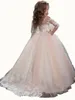 Ny Ankomst Vackra Blush Långärmad Jewel Lace Appliques Tiers Tulle Bröllop Flower Girl Dress Custom Made