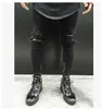 Black motociclista jeans uomini abbigliamento fori ginocchio drappeggiato matita jean pantaloni pantaloni con cerniera con cerniera