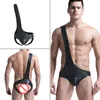 Sexy Hommes Noir En Cuir Verni Undershirts Barboteuses Combinaison Taille Mince Body Érotique Gay Stripper Sans Manches Blouse Underqwear Body Costumes pour Hommes