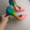 Darmowa wysyłka Opłata Kobiety Pompy Rainbow Multi Color Patent Leather Siate Toe High Heels Brzednie Buty Ślubne Pompy Real Photo