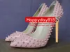 Casual Designer Sexy Lady Fashion Women Shoes Pink Patent Leather Spikes Pointy Toe Stiletto Stripper High Heels Zapatos Mujer Prom Evening pumps Large size 44 12cm