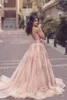 Robes de soirée rose blush arabe saoudien avec train détachable pure illusion corsage dentelle appliques tenue de soirée côté fendu longue robe de bal