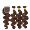 8A Humano Pacotes cabelo com fecho 3 Pcs Virgem Cabelo brasileiro com fecho de onda do corpo # 4 Brown Pacotes de cabelo com a Swiss Lace Closures