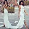 Sexy Sheath Beach Wedding Dress Halter Neckline Fitted Side Split Open Back Court Train Ivory Color Full Lace Bridal Gowns
