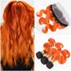 # 1B / Orange Ombre Bundles de cheveux humains brésiliens vague de corps ondulé avec frontal noir et orange ombre tissage de cheveux vierges avec frontaux de dentelle 13x4