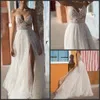 Gali Karten 2020 Ny sommarstrand Bröllopsklänningar En linje High Split Spaghetti Straps Sexiga Boho Bridal Gowns Sweep Train Vestidos de Novia