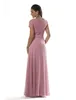 Dustige roze lange bescheiden bruidsmeisjekleding met korte mouwen juweel kanten bodice chiffon formele avond gpwns plus size prom jurken dh4262