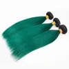 Capelli umani brasiliani ombre neri e verde scuro intrecciati con chiusura superiore dritto # 1B / capelli vergini ombre verdi 3 pacchi con chiusura in pizzo 4x4