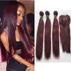 99J Colored Hair Bundles with Closure Brazilian Dark Wine Red Straight Human Hair Weave 3 Bundles with 4X4 Lace Closure Middle Part