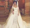 Luxo Dubai Vestidos de Noiva Árabe com Overskes Pérolas Lace Applique Sash Sereia Vestido de Noiva Glamorous off Ombro Vestido de casamento