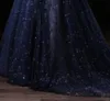 Hors de l'épaule bleu marine robes de bal balayage train plis tulle avec paillettes scintillantes longue robe de bal robes de soirée