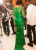 Popular Emerald Green Mermaid Suknie Wieczorowe Nigerii Koronki Style Sheer Neck Illusion Długie Rękawy Zipper Up Red Carpet Suknie Sweep Pociąg