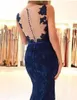 2018 Ny Elegant Mörk Navy Lace Mermaid Prom Klänningar Ärmlös Beaded Appliques Vestido de Festa Long Evening Pageant Party Gowns