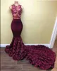 African Burgundy Sheer Mesh Top Lace Mermaid Prom Dresses 3D Floral Applique Sweep Train Evening Gowns Formal Party Dresses