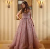 Glamorous Dubai Princess Prom Dresses Scoop Neck Sequins Beads Lace Applique Evening Dresses Backless Sash Tulle Sweep Train Evening Gown