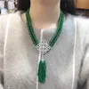 Kvinnors mode naturliga 2Rows Green Jade Micro Inlay Zircon Clasp Tassel Necklace Fashion Jewelry