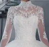High Neck 2020 Vintage Sheer Långärmade Snören Bollkakor Bröllopsklänningar Applique Tulle African Bridal Gowns Plus Size Vestidos de Noiva