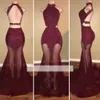 Burgundia Sexy Długa Syrenka Prom Dresses Jewel Neck Backless Cekinowe Koraliki Posze Przez długość podłogi Formalna Party Nosić wieczorowe suknie