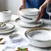 Nordic Gold Rim Marble Texture Dinnerware Set Round Ceramic Dinner Plates Soup Plate Rice Bowls Seasoning Dishes Grey Pink