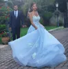 Long Ball Gown Prom Dresses Sky Blue Illusion Back Plus Size Lace Applique Jewel Neck Sleeveless Evening Dresses Party Prom Gowns DH4155