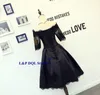 Omuz kapalı Siyah Saten Balo Elbise Diz Boyu Saten ile Aplike Yarım Kollu Dantel-up Geri Parti Elbiseler Ucuz Kraliyet Mavi, Fildişi