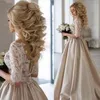 Newest Champagne Wedding Dresses Sheer Neck Half Sleeves Lace Appliques Satin Long Wedding Gowns See Through Back Vintage Bridal Dress