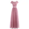 Roze Ronde hals Kant Lange Tule Prom Dresses Robe de Soiree Cap Mouw V Backless Bruidsmeisjes Jurk