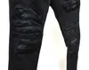 New men Leather Ribbed Patches Distressed Skinny jeans