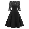 Zaull Spring Kobiety Retro Sukienka Koronkowy Panel Off The Ramię Vintage Flare Suknie Eleganckie Solid Midi Dress Vestido Mujer