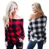 Dames Off Shoulder Plaid Tops Lange Mouw Shirt Casual Blouse Losse T-shirt Rode Buffalo Geruite shirts L-OA4146