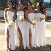 Cheap Chiffon Plus-Size Bridesmaids Dresses Simple Strapless Ruched Side Split Wedding Party Dresses Sexy Floor Length Sheath Prom Dresses