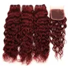 Cheap 99j Hair Water Wave With Lace Closure Wet and Wavy Peruvian Virgin Hair Extension 3 Bundle Deals Burgundy With 4x4 Lace Closure