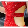 Red Crystal Spaghetti Strap Long Aftonklänning 2018 Backless V-Neck Mermaid Prom Formal Dresses Celebrity Party Gowns Vestidos de Fiesta