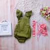 2018 Estate Vestiti per bambini Neonata Neonata Verde militare Manica a mosca Indietro Pagliaccetto incrociato Tuta con sciarpa Abbigliamento per bambini Tuta corta 0-24M