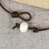 New Arriver Leather Pearl Necklace,White Color Natural Freshwater Pearls,Dark Brown Leather Pearl Women Gift Jewellery,Free Shipping