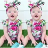 Miúdos Roupas Bebê Romper Meninas Floral Jumpsuits Ins Bowknot Heandband Moda Verão Flores Onesies Bodysuits Terno B3817