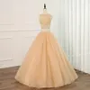 Bling Gold Ball Suknia Prom Dresses Jewel Neck Crystal Tulle Hollow Powrót Dwa Kawałki Tanie Designer Ruched Długie Wieczór Formalna Suknia
