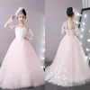 Latest 2018 White Lace Pale Pink Tulle Long Sleeve Flower Girls Dresses For Weddings Crew Sheer Neck Lace Applique Girl Pageant Gown EN1055