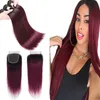 Ombre 1B / 99J Chiusura in pizzo per capelli umani a due toni di colore nero e bordeaux con 3 fasci di capelli vergini brasiliani peruviani malesi